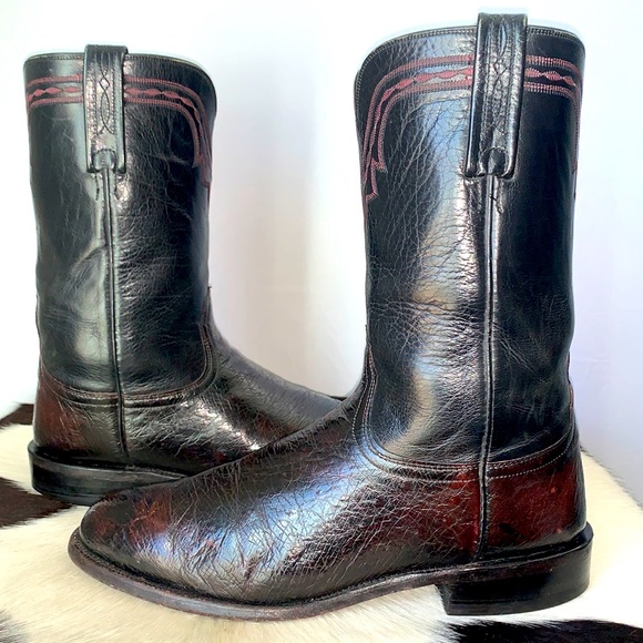 LUCCHESE Ostrich Leather Black Cherry Roper Cowboy Western Boots Men’s Size 9.5 - Picture 9 of 10
